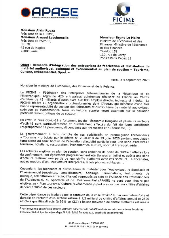 Les Présidents de l’APASE et de la FICIME écrivent au ministre de l’Economie